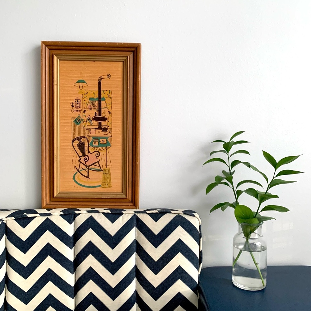 Retro Vintage MCM Framed Art with Chevron Design Kitchen Scene